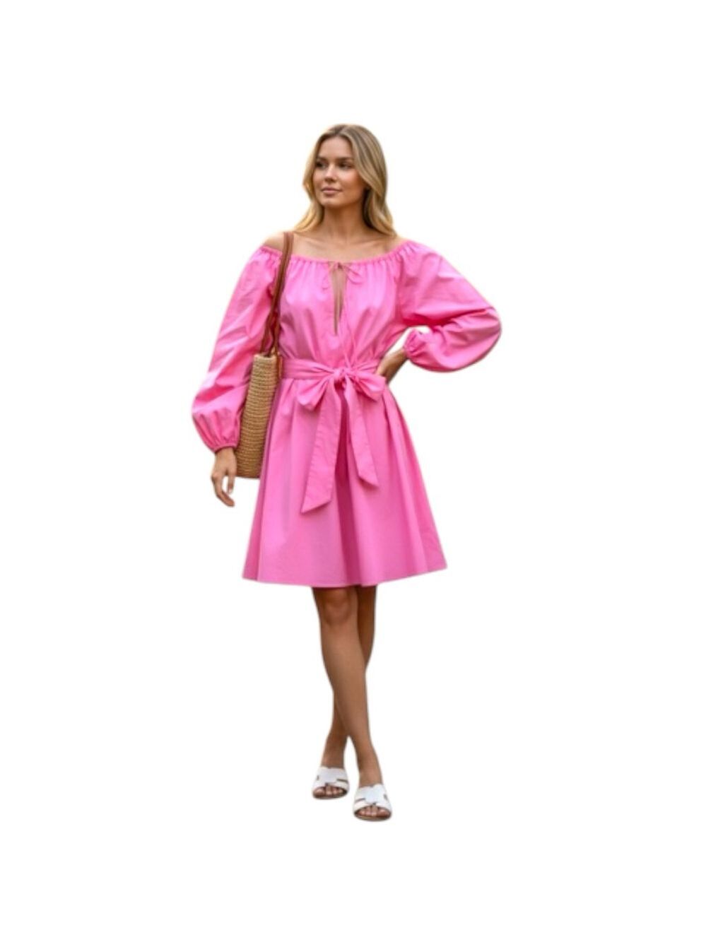Pink Tie-Waist Dress XS-L Oversized Cotton Dramatic Balloon Sleeve Feminine Boho